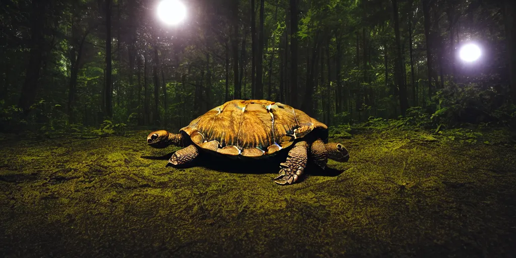 Image similar to huge turtle with in a ancient bioluminescent forest on its back, full moon, moody lighting, 8 k, shallow depth of field, intricate detail,