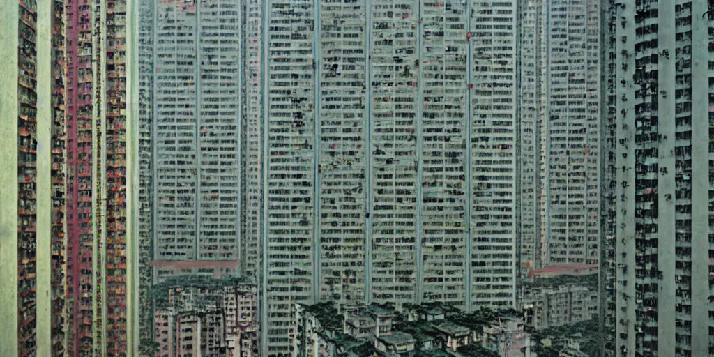 Prompt: a beautiful realistic image from old apartment buildings in hong kong, by zeng fanzhi