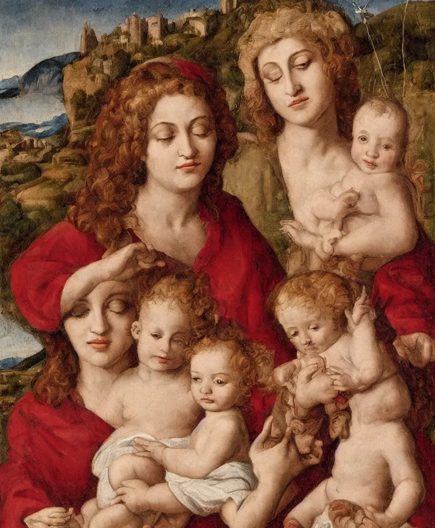 Prompt: Detailed Portrait of Madonna with infant Jesus in the style of Raffael. Curly red hair. They are sitting in a dried out meadow near Florence, red poppy in the field. Playing with a cross On the horizon, there is a lake with a town and mountains. Flat perspective.