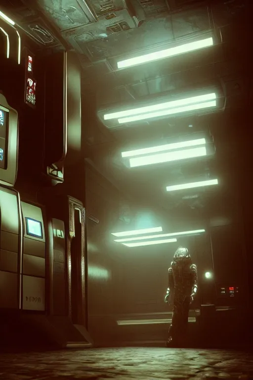 Prompt: in a dark corridor, a human in a still suite from dune in front of a snack machine and taps the keypad, his profile and face lit up by the blue neon light of the machine in front of him, blade runner style, gloomy mood, hyper-realistic environment,Epic concept art. Octane render and Unreal Engine