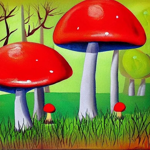 Image similar to modern painting giant mushrooms with red caps in a forest that is bright and cheerful