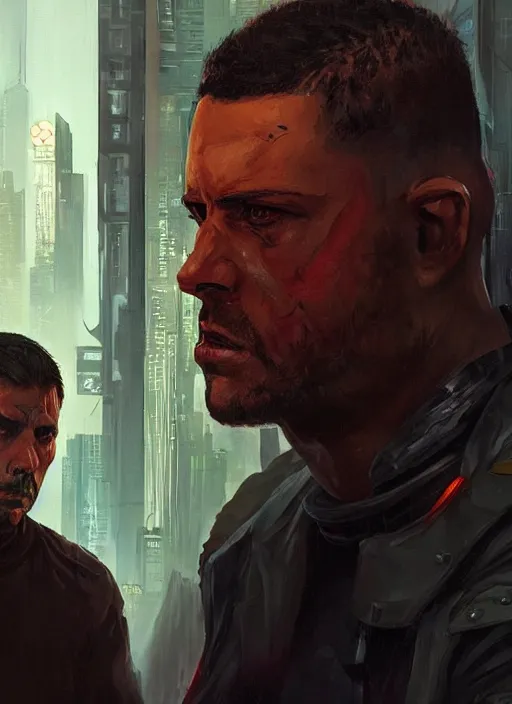 Image similar to bob looms over javier. cyberpunk meathead bob tries to intimidate cyberpunk police detective javier. ( blade runner 2 0 4 9, dystopian, cyberpunk 2 0 7 7 character design ). attractive face. epic painting by james gurney and laurie greasley, oil on canvas. cinematic, hyper realism, realistic proportions, anatomy, dramatic lighting, high detail 4 k