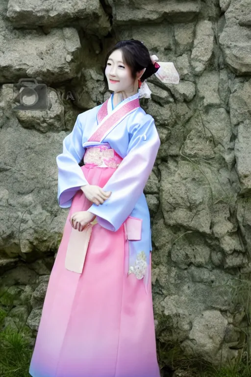 Image similar to pretty korean woman wearing beatiful hanbok, bright pastel colors