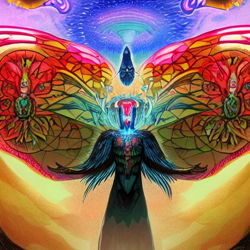 Image similar to A centered chest up portrait of a psychedelic godlike mothman with giant mandala wings smoking a hand-rolled cigarette smoking heavily , magic mushroom village in background , award winning. superb resolution. in the art style of junji Ito and greg rutkowski . Detailed Mushroom city in background. Hyper realistic anime. Perfect art. Dalle2