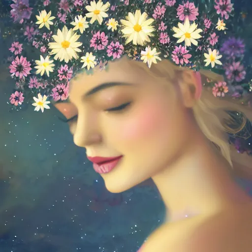 Image similar to close-up of a smiling beautiful female, blonde,, wearing a crown of daisies, beautiful happy face, ethereal, starry, space, magical atmosphere, maximalist, cinematic lighting, cinematic atmosphere, trending on artstation, cgsociety, 8k, high resolution, in the style of Faiza Maghni, David Ligare, Flora Borsi, Daniel Gerhartz,