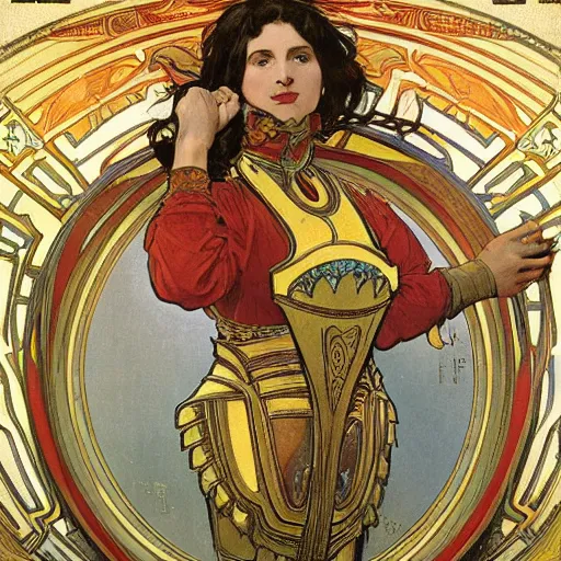 Prompt: woman in golden plate armour, fighting stance, painted by alphonse mucha