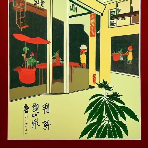 Prompt: taiwanese cafe with cannabis pot plants 🪴 utopia frontage poster by will barnet