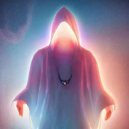 Prompt: cgi hyperintelligent ethereal manta ray druid from beyond the stars, wearing a massive magically imbued ethereal hoodie, with fairy lights inside the fabric like shimmering stars, cgi, proper anatomy, sci fi fantasy, ultrarealism, pixar, trending on artstation