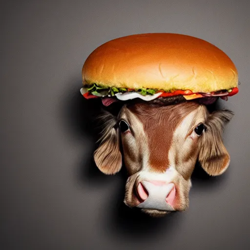 Prompt: a brown calf animal head on a hamburger, photorealistic, studio lighting