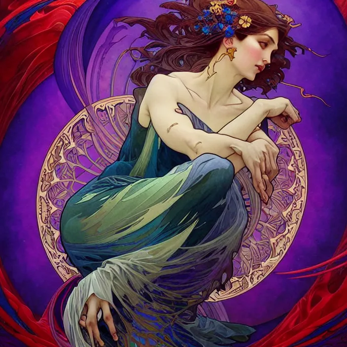 Prompt: ethereum symbol, in the style of artgerm and greg rutkowski and alphonse mucha, exuberant organic elegant forms, by karol bak and filip hodas : : 1. 4 purple, red, blue, green, black intricate mandala explosions : : intuit art : : turbulent water backdrop : : damask wallpaper : : atmospheric