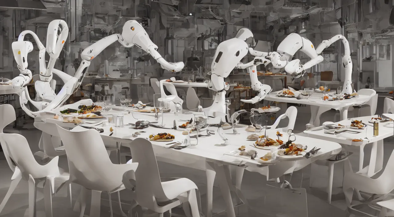 Image similar to three large white glossy kuka industrial robot arms on the floor around a dinner table, the kuka industrial robot arms are wearing bow ties, the table is full of food, they are having dinner inside a fine dining restaurant with mid century modern furniture and decor, global illumination, artstation, fantasy