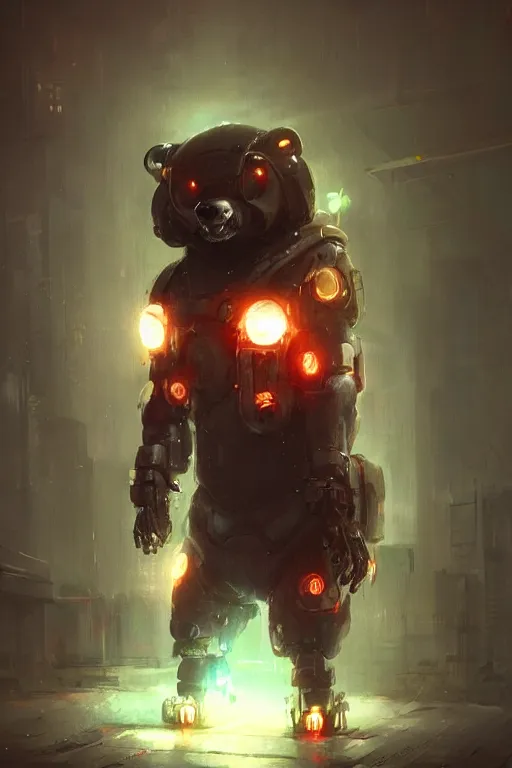 Prompt: friendly cute cyberpunk bear, cyborg, glowing leds, artificial limbs, augmentation, uplift, by Greg Rutkowski, Matte Painting, trending on the artstation