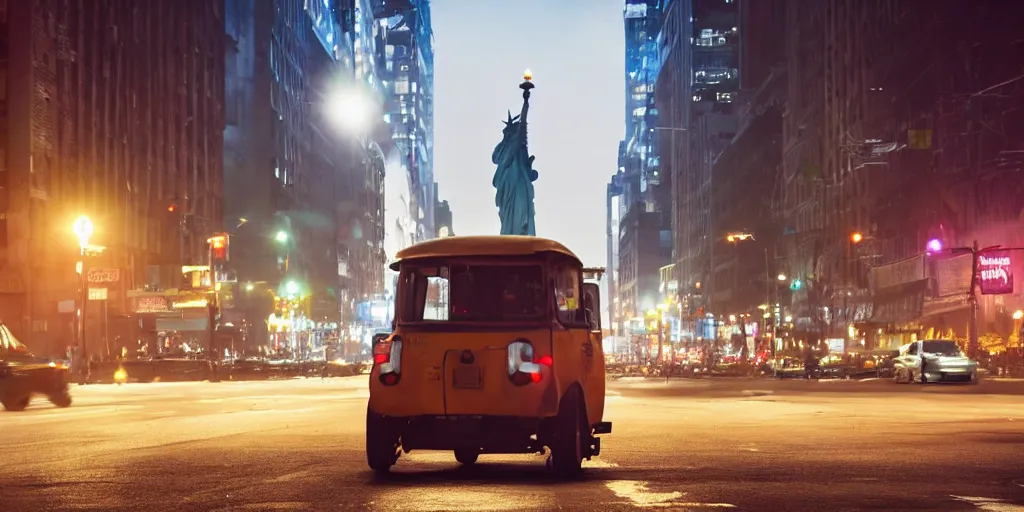 Image similar to a tuk tuk walking through a desolate manhattan city street at night statue of liberty seen in the background realistic 4 k octane beautiful