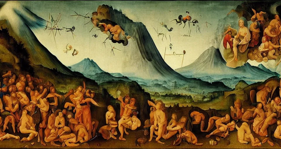 Image similar to !dream the creation of a volcano, divine inspired painting, masterpiece, intricate details, incredible painting, painted by the great masters and bosch