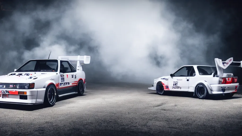 Image similar to takumi fujiwara's toyota ae 8 6 takumi fujiwara's toyota ae 8 6, cinematic, nikon d 7 5 0, long exposure, white balance, 8 k, led, lumen global illumination, fog, ray tracing reflections, fxaa, rtx, post - production