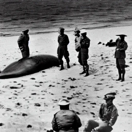 Image similar to 1940s photo, long shot, 5 soldiers looking at a huge creature washed up on a beach