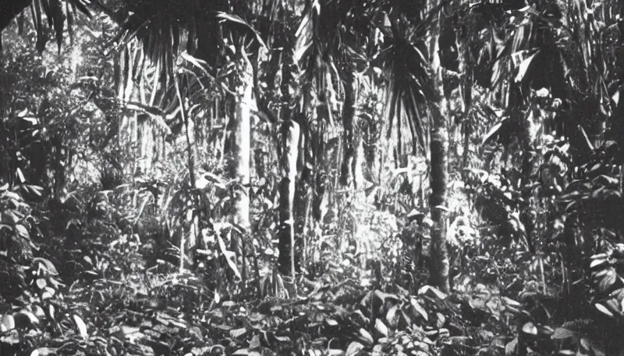 Image similar to lost film footage of a sacred object in the middle of the ( ( ( tropical jungle ) ) ) / film still / cinematic / enhanced / 1 9 2 0 s / black and white / grain