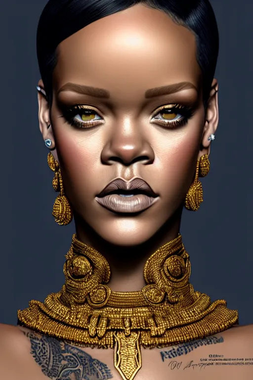 Image similar to portrait of Rihanna , highly detailed and rendered gold jewelry, digital art, intricate, sharp focus, Trending on Artstation, HQ, unreal engine 5, 4K UHD image, by brom, artgerm, face by Otto Schmidt