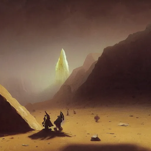 Image similar to a painting of a large smooth crystal cube on a barren alien planet. By carl spitzweg and greg rutkowski