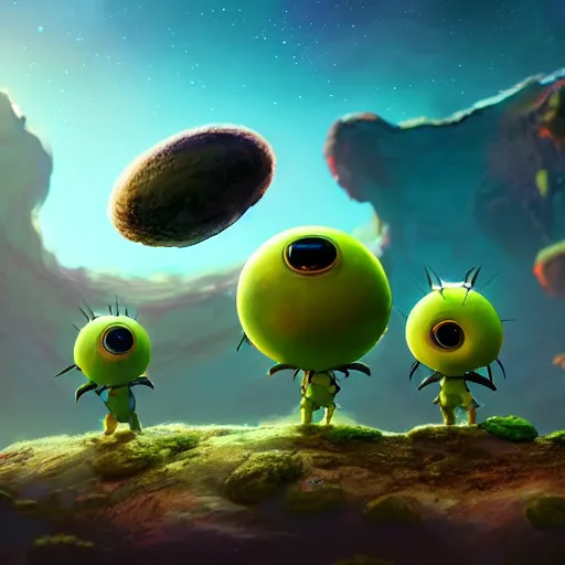 Image similar to masterpiece artwork of cute alien planet with cute aliens on it, au naturel, hyper detailed, digital art, trending in artstation, behance, deviantart, cinematic lighting, studio quality, smooth render, unreal engine 5 rendered, octane rendered, art style by pixar dreamworks warner bros disney