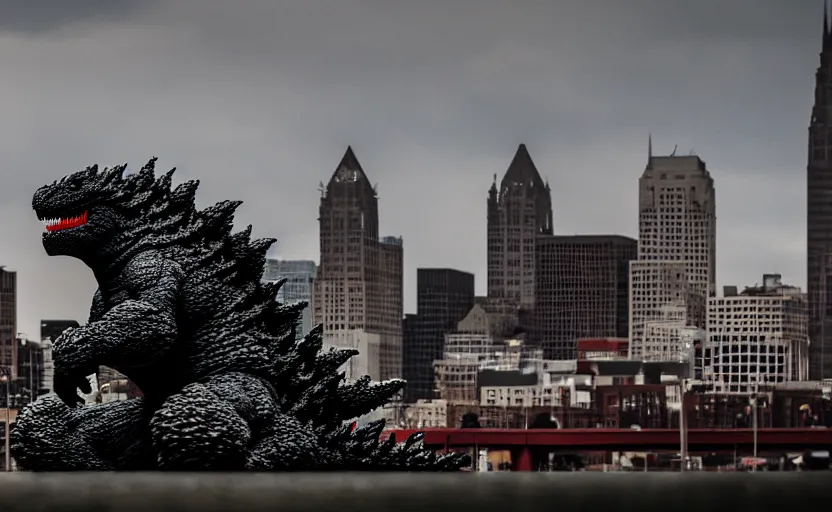 Image similar to photograph of Godzilla in Columbus Ohio, one point perspective, 1-point perspective, tilt shift, sigma 85mm f/1.4, 4k, depth of field, high resolution, 4k, 8k, hd, full color