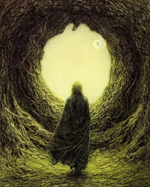 Image similar to a druid standing in a circle at the beginning of the world by alan lee