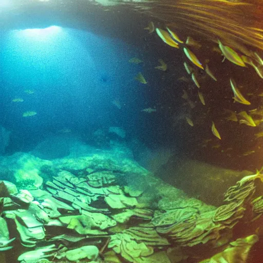 Image similar to underwater edinburgh castle, deep underwater, fish shoal, shot on gopro9, dynamic lighting, 8k, very very very highly detailed, hyper realistic realistic, kelp