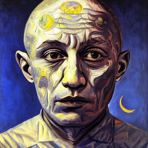 Prompt: Intricate five star Moon Facial portrait by Pablo Picasso, oil on canvas, high detail, matte finish, high contrast, 3d depth, masterpiece, vivid colors, artstationhd