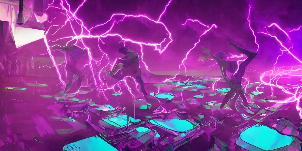 Image similar to purple lightning strikes while rapper performs on stage, psychedelic light show, digital art, vapor wave, hip hop, surreal, trending on Artstation, professional artist, detailed, 4k