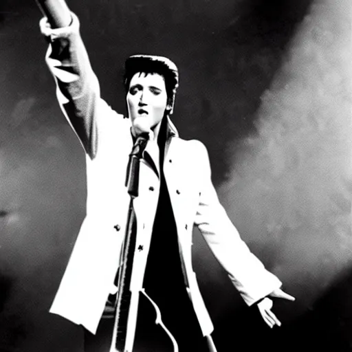 Image similar to a photo of elvis presley on stage performing with a brown paper bad over his head