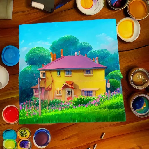 Image similar to beautiful 3 d painting of a colourful house on a hilltop at midnight with small fireflies flying around, in the style of studio ghibli, artstation, unreal engine