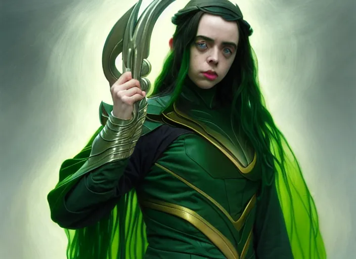 Image similar to Billie Eilish as Female Loki, very detailed, digital art, trending on artstation, concept art, smooth, illustration, art by artgerm and greg rutkowski and alphonse mucha and J. C. Leyendecker and Edmund Blair Leighton and Katsuhiro Otomo and Geof Darrow and Phil hale and Ashley wood