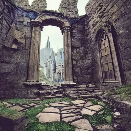 Image similar to in the harry potter universe far away at some ruins from a castle. a wizard is already there and summons a portal that would take me back home., late at night, aesthetic