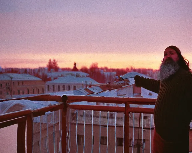 Image similar to lomo photo of 4 0 years russian man with beard and sweater standing on small hrushevka 9 th floor balcony full with cigarette smoke in small russian town looking at sunset, cinestill, bokeh