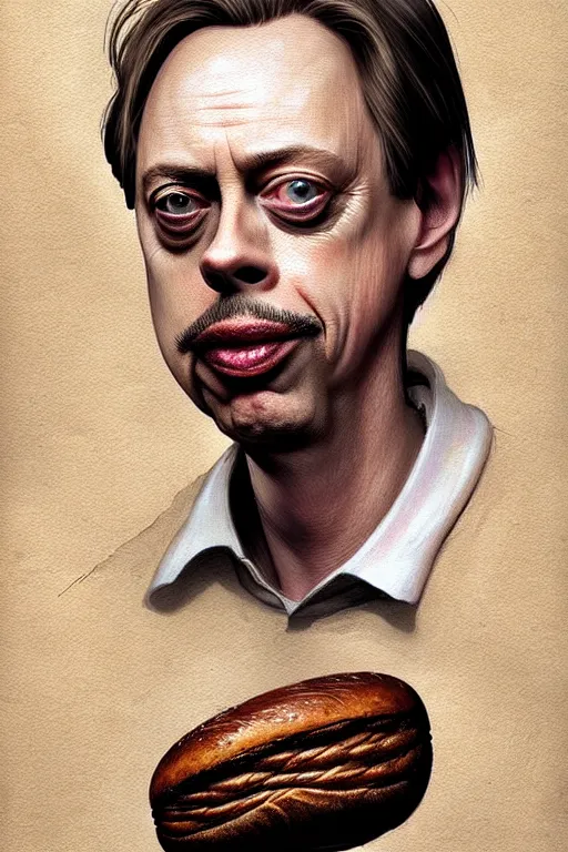 Image similar to beautiful portrait half steve buscemi wearing sourdough bread, by greg rutkowski