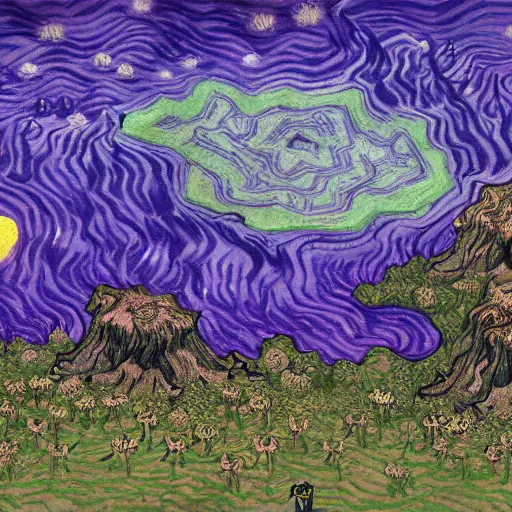 Prompt: a Zerg base by Van Gogh , creep, zerglings, purple, hatchery, overlords, detailed, vibrant, creep, trending on art station, smooth, detailed,