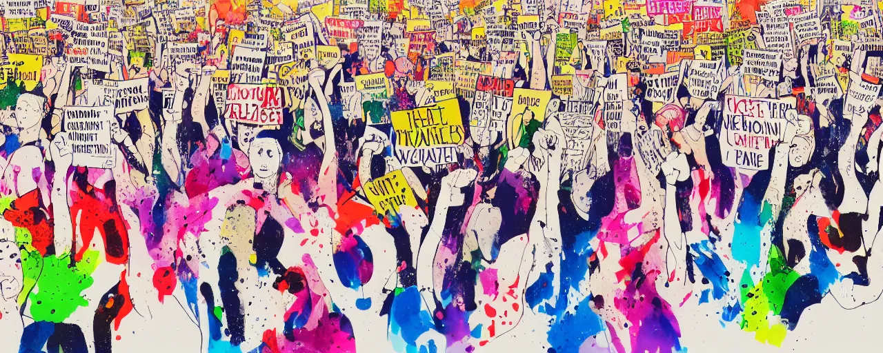 Image similar to an illustration of a crowd of angry protestors with signs, front angle, by gerald scarf, illustration, ink splatters, dripped ink, splashed, pen and ink, flat color, colorful drawing, facing front, anatomically correct, beautiful perfect face, sharp focus, highly detailed, cinematic lighting, 8 k, hd