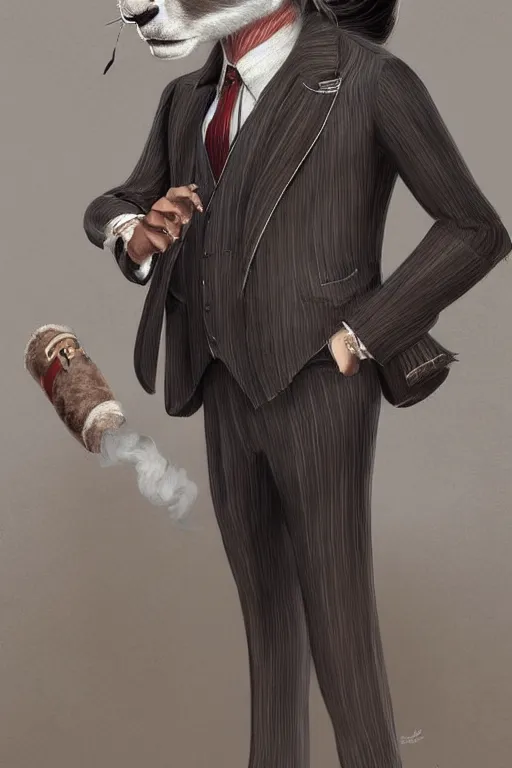 Image similar to beautiful portrait commission of a male furry anthro mountain goat wearing a pinstripe suit and waistcoat, smoking a cigar, hooves!, award-winning character art, detailed, trending on artstation