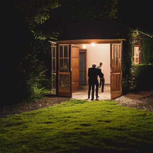 Image similar to A dark photo of two men in a garden at night walking towards a small wooden garden shed