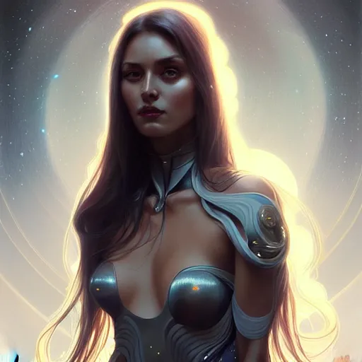 Image similar to futuristic woman portrait, sci-fi, amber eyes, face, long hair, fantasy, intricate, elegant, highly detailed, digital painting, artstation, concept art, smooth, sharp focus, illustration, art by artgerm and greg rutkowski and alphonse mucha