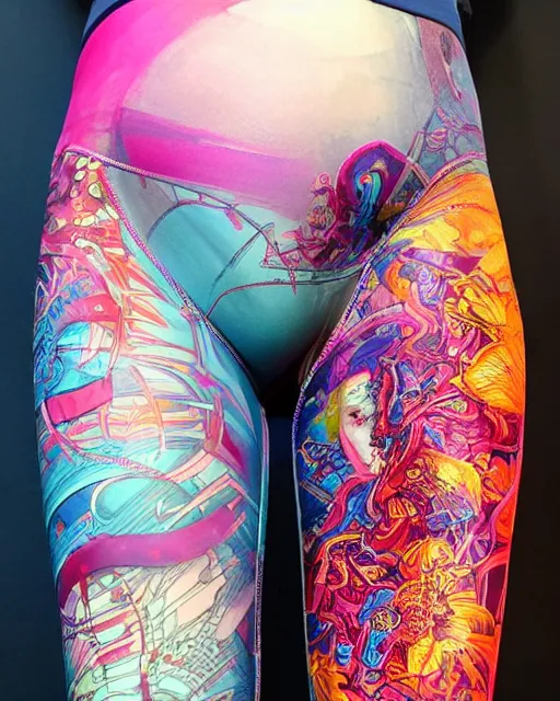 Image similar to Perfect leggings pattern imitating tattoos, focus on colorful pants, completely frontal and 100 percent symmetrical close-up on legs, highly detailed, digital painting, artstation, concept art, smooth, sharp focus, illustration, art by Artgerm and Hajime Sorayama