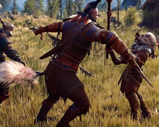 Image similar to gerald of rivia fighting with fursuit people from witcher 3 ( 2 0 1 5 videogame ), cinematic, concept art, loading screen