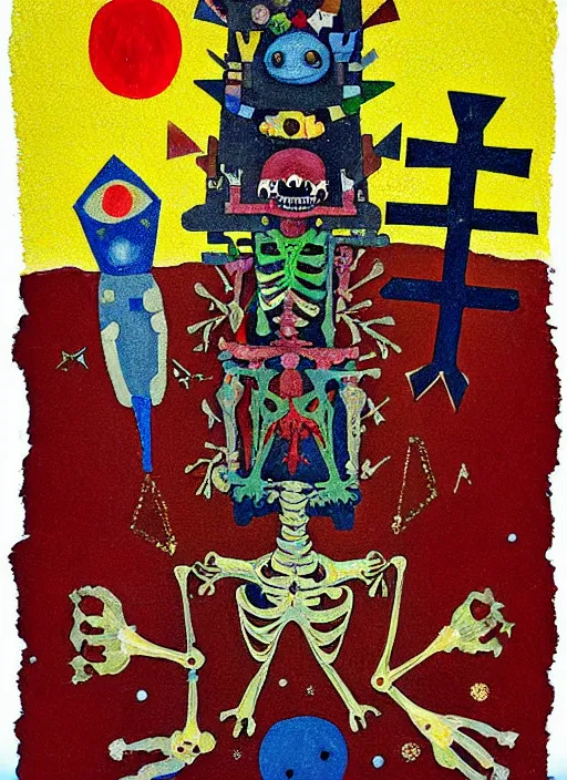 Image similar to pixel decollage painting tarot lovers card composition tower of babel road red armor maggot bear and wonky alien frog skeleton knight on a horse in a dark red cloudy night sky with golden foil jewish stars, occult symbols and diamonds, mountain lake and blossoming field in background, painted by Mark Rothko, Helen Frankenthaler, Danny Fox and Hilma af Klint, pixelated, neo expressionism, semi naive, pastel colors, cinematic, color field painting, cave painting, voxel, pop art look, outsider art, minimalistic. Bill Traylor painting, part by Philip Guston and Francis Bacon. art by Adrian Ghenie, very coherent symmetrical artwork, cinematic, hyper realism, high detail, octane render, unreal engine, Smooth gradients, depth of field, full body character drawing, extremely detailed, 8k, extreme detail, intricate detail, masterpiece