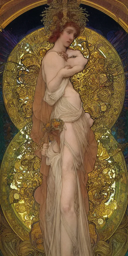 Image similar to saint woman, venus, athena, halo, queen, by alphons mucha and annie swynnerton and jean delville, strong dramatic cinematic lighting, ornate headdress, flowing robes, spines, flowers, stars, lost civilizations, smooth, sharp focus, extremely detailed, marble, gold, space