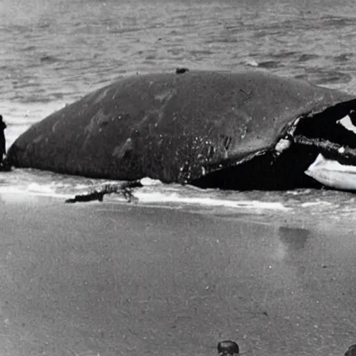 Prompt: 1940s photo, long shot, soldiers examine a huge creature washed up on a beach.