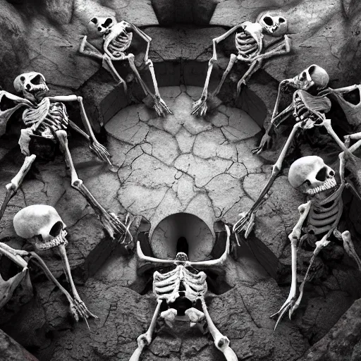 Image similar to 5 living undead skeletons emerging from a pile of brown shit and dirt in the bottom of a very dark well. swords in their hands. circular room. stone walls. bright runic symbols in wooden doors. wide angle. trending on artstation, craig mullins, gopro lens.