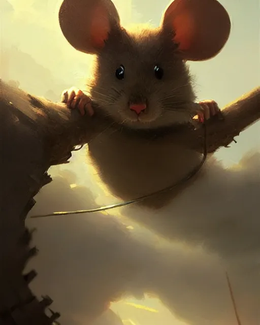 Image similar to viewed from behind, over the shoulder, a cute mouse looks upwards, viewed from behind, digital portrait by greg rutkowski, fantasy art, concept art, by disney concept artists, cinematic lighting, evening light, trending on artstation, cgsociety