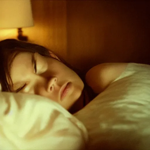 Prompt: movie still of a girl having sleep paralysis, cinematic composition, cinematic light, criterion collection, by edgar wright and edgar allan poe