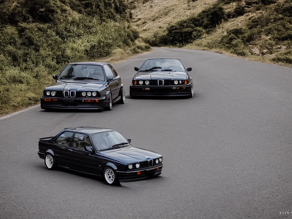 Image similar to a single modified bmw e 3 0 with lights on a mountain road, motion blur, 3 5 mm photography, car photography, clean lines, realistic