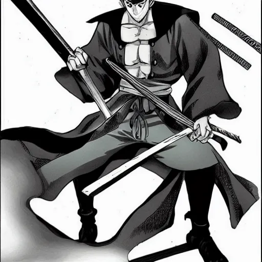 Image similar to Roronoa Zoro in Manga Berserk Style